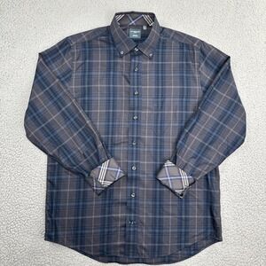 Leo Chevalier Button Down Shirt Men Medium Black Watch Plaid Non Iron Flip Cuff